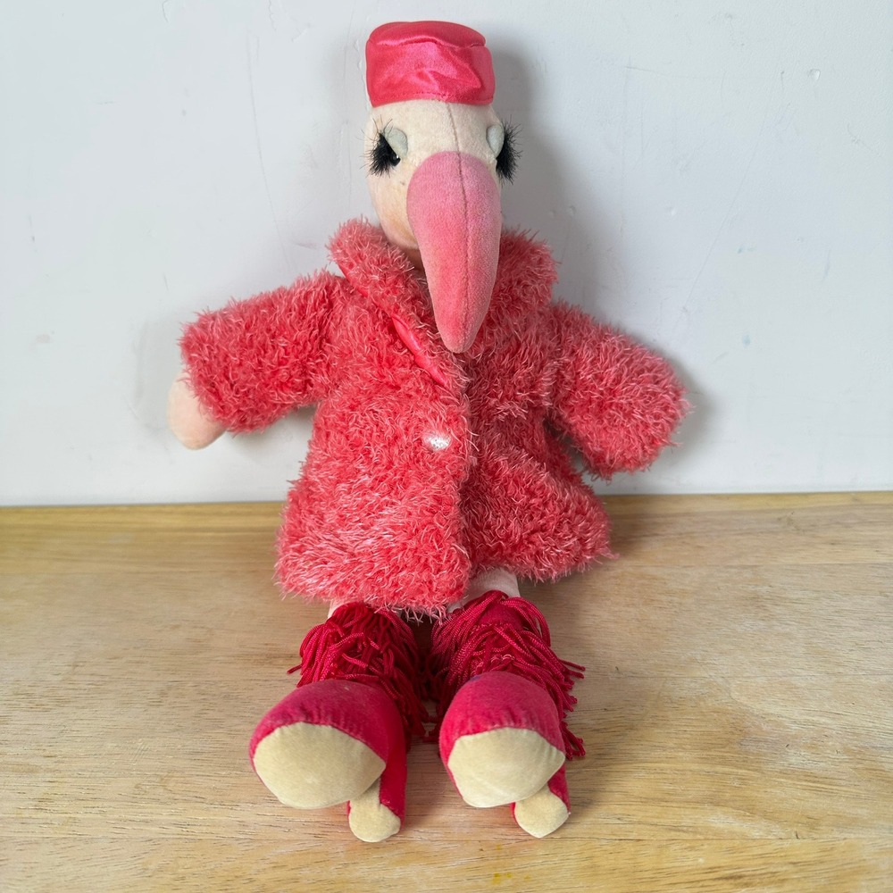 Jellycat Fur Coat Flamingo Plush Glam Pink Diva Bird Fringe Boots Hat Lashes